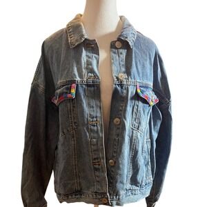 Forever 21 Plus Rainbow Trim Denim Jacket Blue Distressed Size 2X Pristine